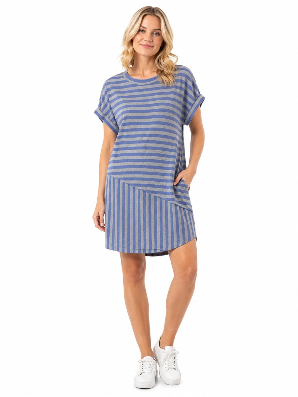 Umgee Size Small Striped Blue Short Sleeve Dress